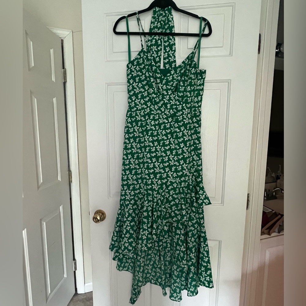 Eliza J Green floral spaghetti strap v neck midi dress